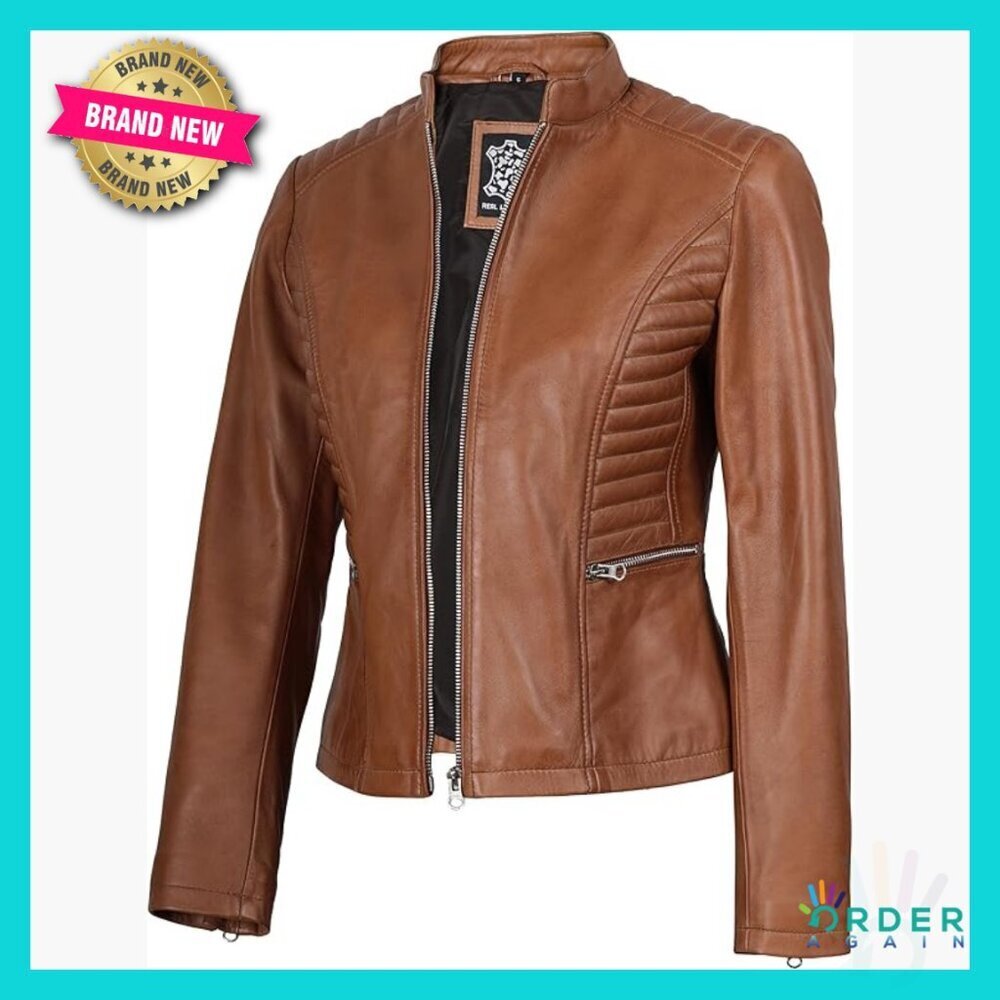 Real Lambskin Leather Jacket Women Quilted Shoulders Zipper Cuffs Classic